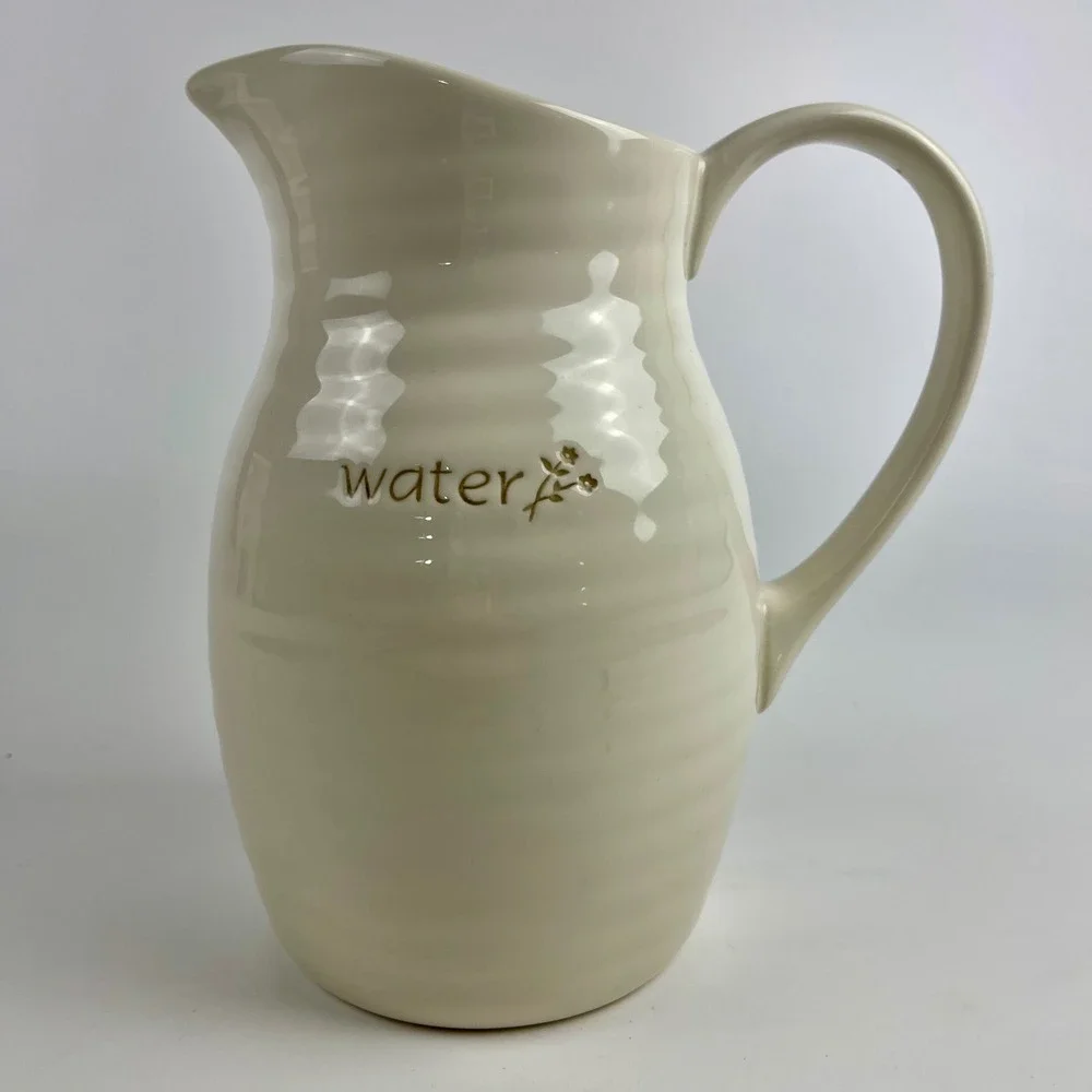 Pottery Barn Garden Salad Water Pitcher Cream Stoneware Ribbed Farmhouse 8.75in